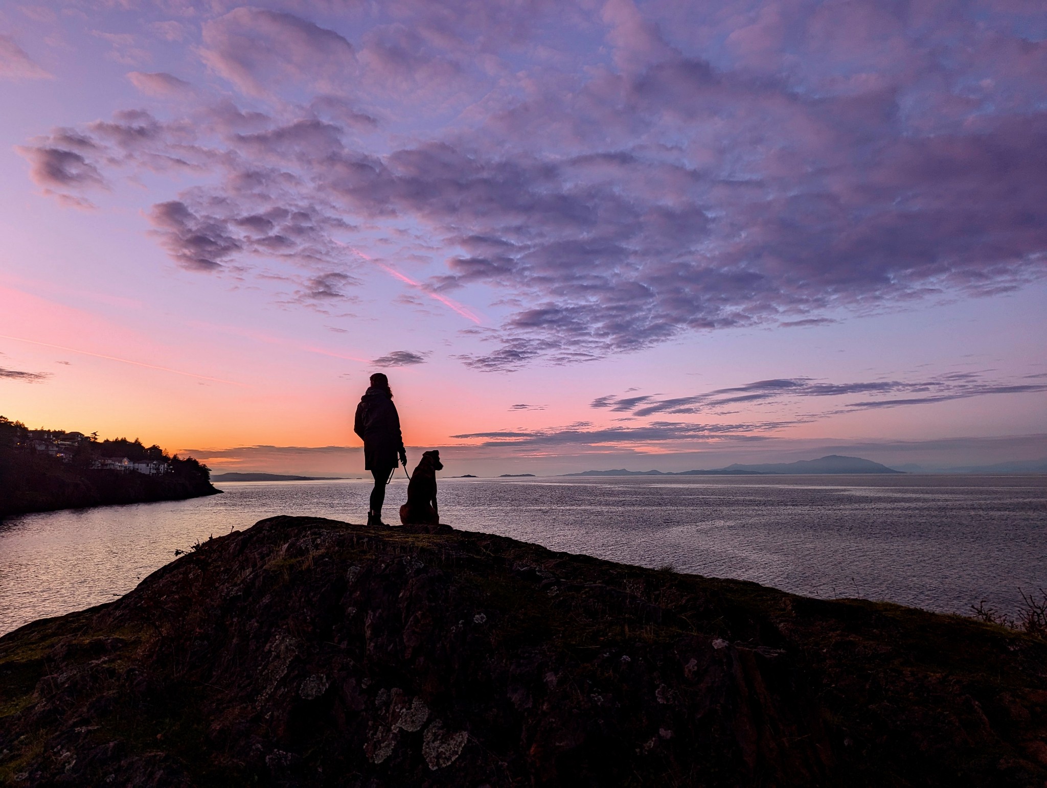 A dark outline of a person standing beside a dog who is sitting. They are both standing on a rock cliff looking out at a large body of water during a sunset.